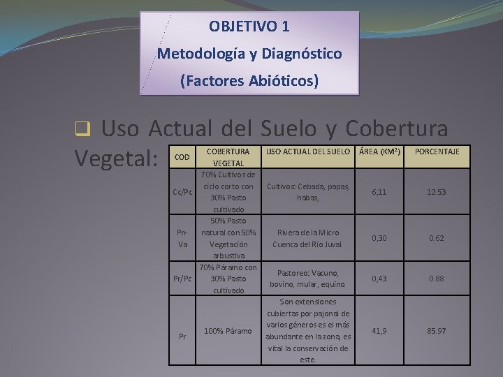 OBJETIVO 1 Metodología y Diagnóstico (Factores Abióticos) Uso Actual del Suelo y Cobertura Vegetal: