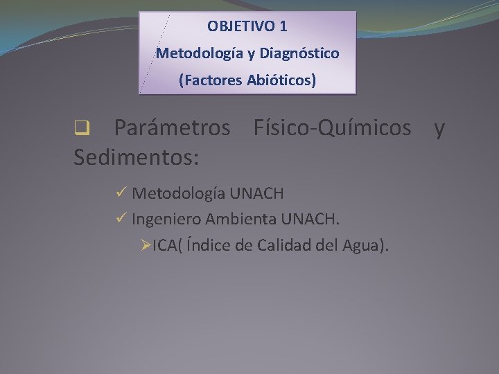 OBJETIVO 1 Metodología y Diagnóstico (Factores Abióticos) Parámetros Físico-Químicos y Sedimentos: q ü Metodología