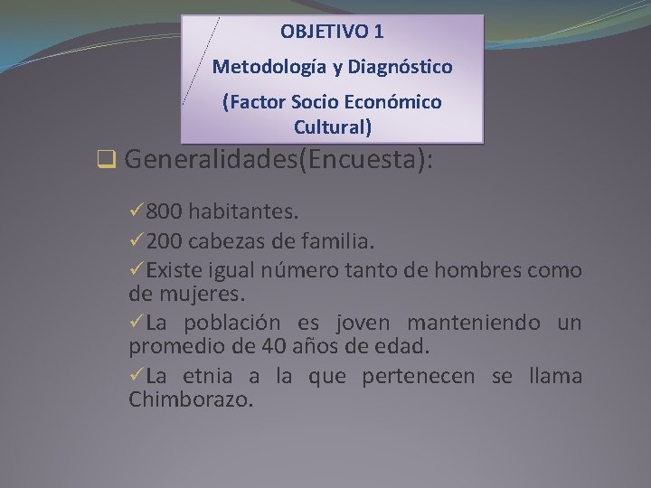 OBJETIVO 1 Metodología y Diagnóstico (Factor Socio Económico Cultural) q Generalidades(Encuesta): ü 800 habitantes.