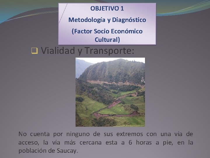 OBJETIVO 1 Metodología y Diagnóstico (Factor Socio Económico Cultural) q Vialidad y Transporte: No