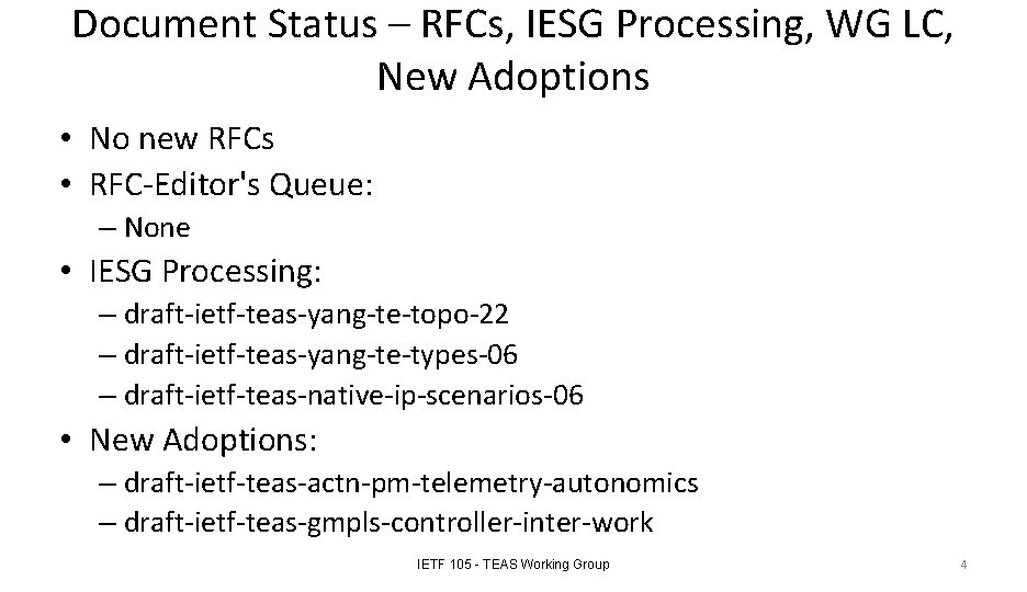 Document Status – RFCs, IESG Processing, WG LC, New Adoptions • No new RFCs