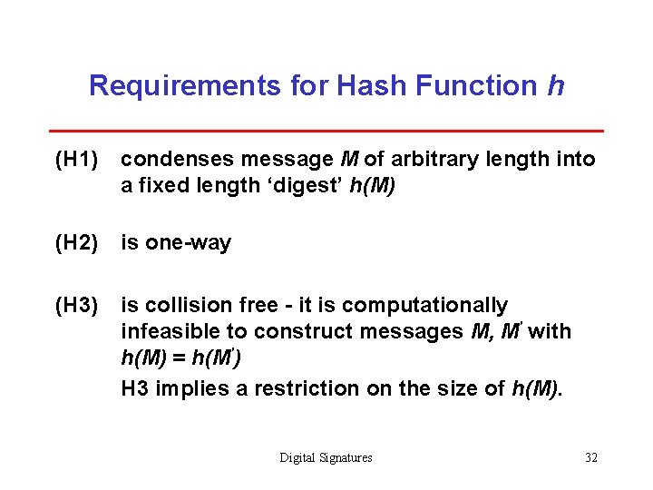 Requirements for Hash Function h (H 1) condenses message M of arbitrary length into