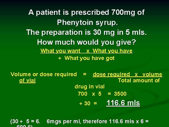 A patient is prescribed 700 mg of Phenytoin syrup. The preparation is 30 mg