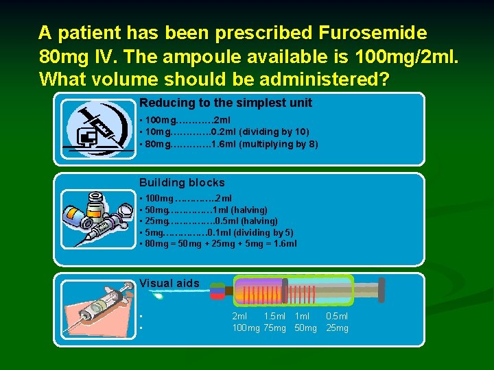 A patient has been prescribed Furosemide 80 mg IV. The ampoule available is 100