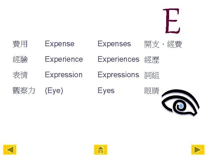 E 費用 Expenses 經驗 Experiences 經歷 表情 Expressions 詞組 觀察力 (Eye) Eyes 開支、經費 眼睛