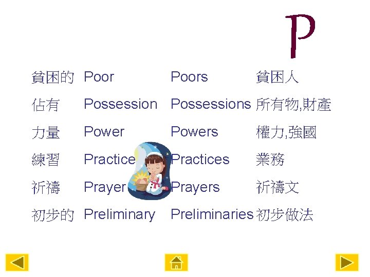 貧困的 Poors P 貧困人 佔有 Possessions 所有物, 財產 力量 Powers 權力, 強國 練習 Practices
