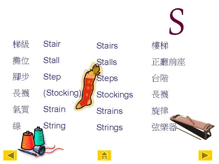 S 梯級 Stairs 樓梯 攤位 Stalls 正廳前座 腳步 Steps 台階 長襪 (Stocking) Stockings 長襪