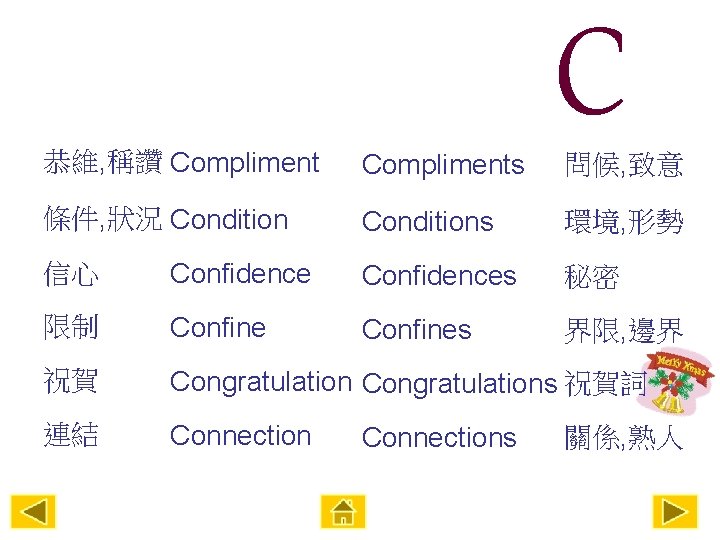 C 恭維, 稱讚 Compliments 條件, 狀況 Conditions 環境, 形勢 問候, 致意 信心 Confidences 秘密