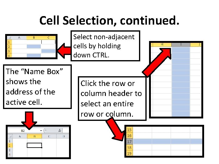 Cell Selection, continued. Select non-adjacent cells by holding down CTRL. The “Name Box” shows