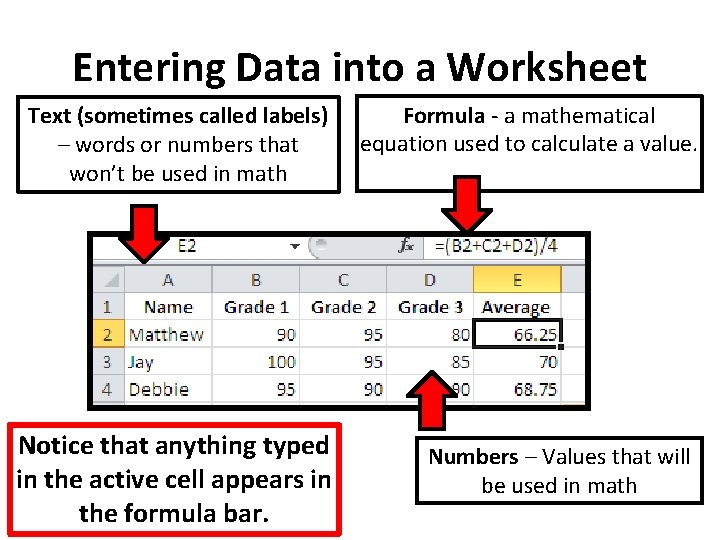 Entering Data into a Worksheet Text (sometimes called labels) – words or numbers that