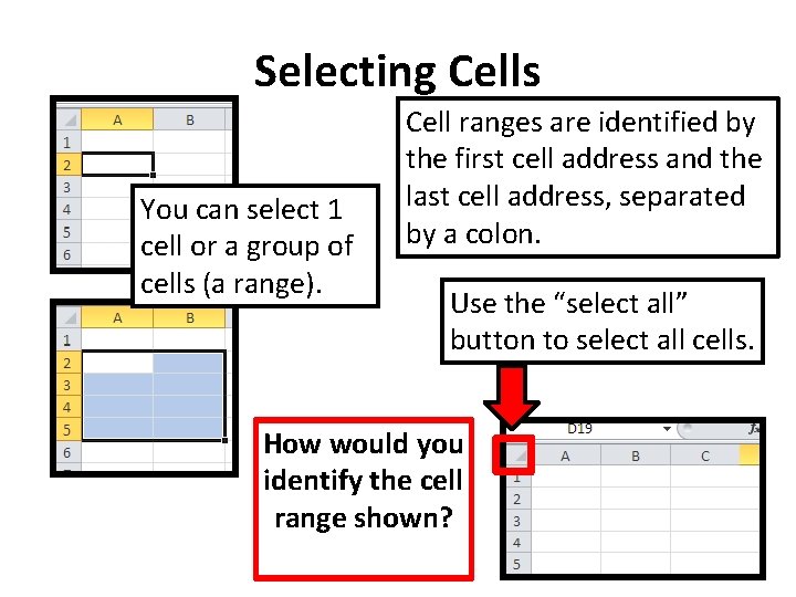 Selecting Cells You can select 1 cell or a group of cells (a range).