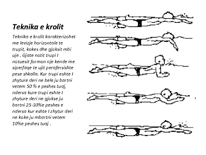 Teknika e krolit karakterizohet me levizje horizontale te trupit, kokes dhe gjoksit mbi uje.