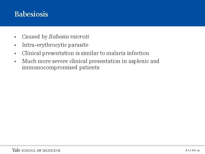 Babesiosis • • Caused by Babesia microti Intra-erythrocytic parasite Clinical presentation is similar to