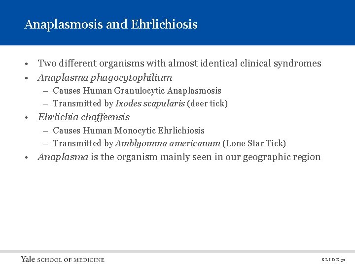 Anaplasmosis and Ehrlichiosis • Two different organisms with almost identical clinical syndromes • Anaplasma