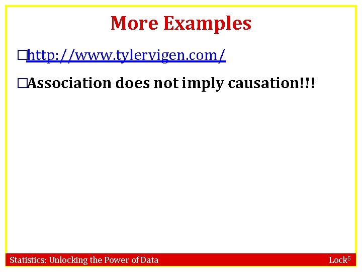 More Examples �http: //www. tylervigen. com/ �Association does not imply causation!!! Statistics: Unlocking the