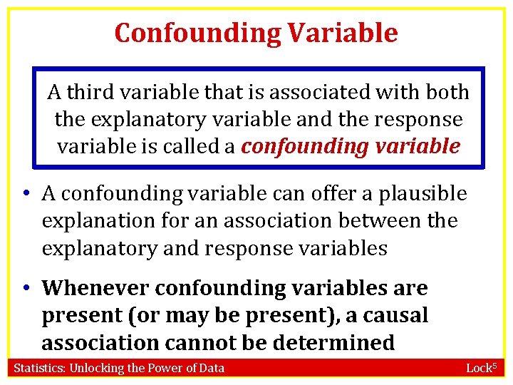 Confounding Variable A third variable that is associated with both the explanatory variable and