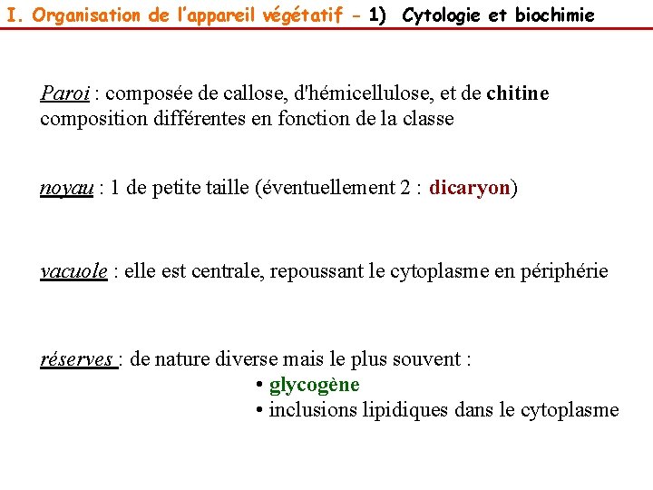 I. Organisation de l’appareil végétatif - 1) Cytologie et biochimie Paroi : composée de