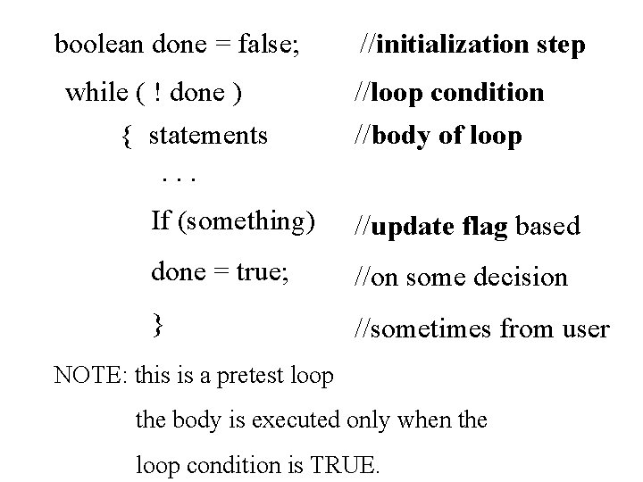 boolean done = false; while ( ! done ) { statements. . . //initialization
