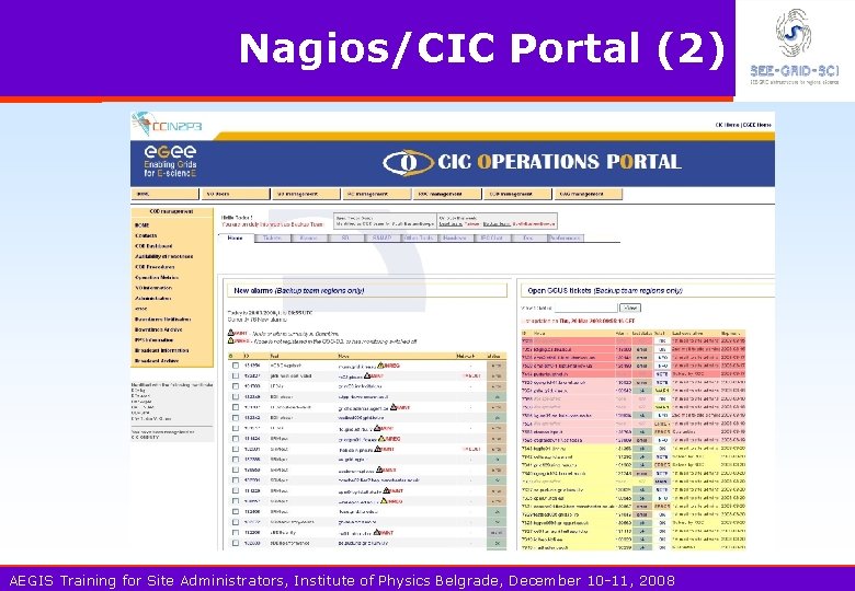 Nagios/CIC Portal (2) AEGIS Training for Site Administrators, Institute of Physics Belgrade, December 10