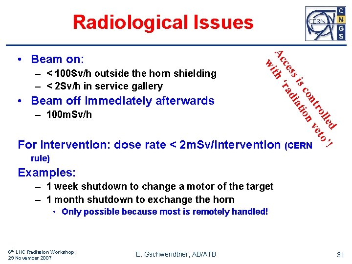 Radiological Issues – < 100 Sv/h outside the horn shielding – < 2 Sv/h
