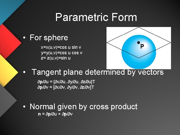 Parametric Form • For sphere x=x(u, v)=cos u sin v y=y(u, v)=cos u cos