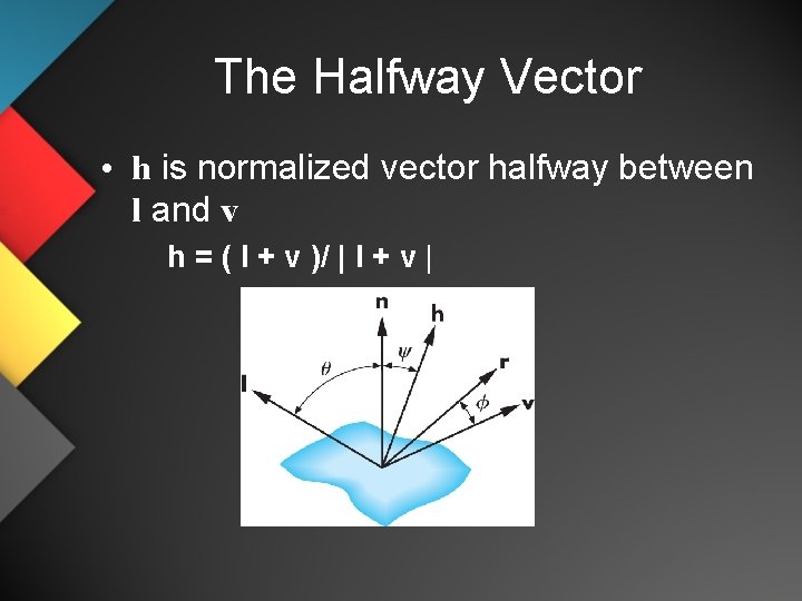 The Halfway Vector • h is normalized vector halfway between l and v h