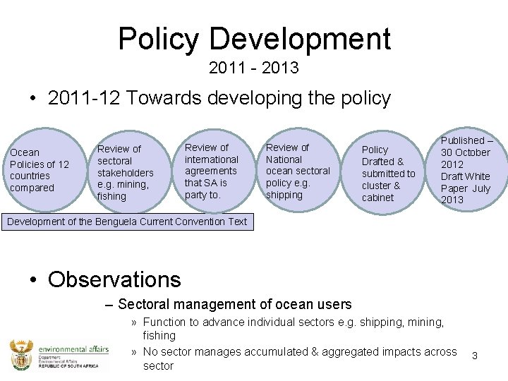 Policy Development 2011 - 2013 • 2011 -12 Towards developing the policy Ocean Policies