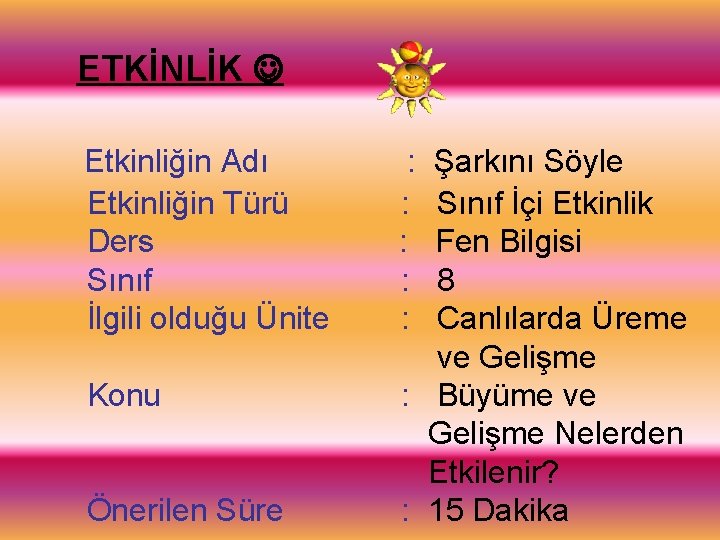 ETKİNLİK Etkinliğin Adı Etkinliğin Türü Ders Sınıf İlgili olduğu Ünite Konu Önerilen Süre :