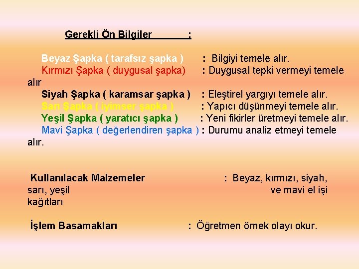 Gerekli Ön Bilgiler Beyaz Şapka ( tarafsız şapka ) Kırmızı Şapka ( duygusal şapka)