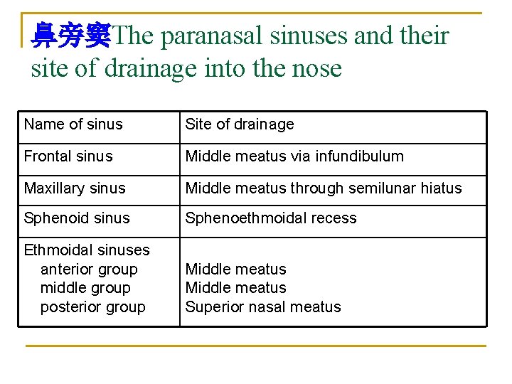 鼻旁窦The paranasal sinuses and their site of drainage into the nose Name of sinus