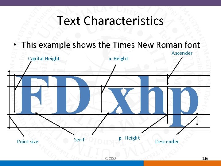 Text Characteristics • This example shows the Times New Roman font Capital Height x-Height
