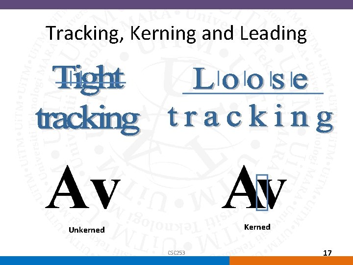Tracking, Kerning and Leading Av Av Kerned Unkerned CSC 253 17 