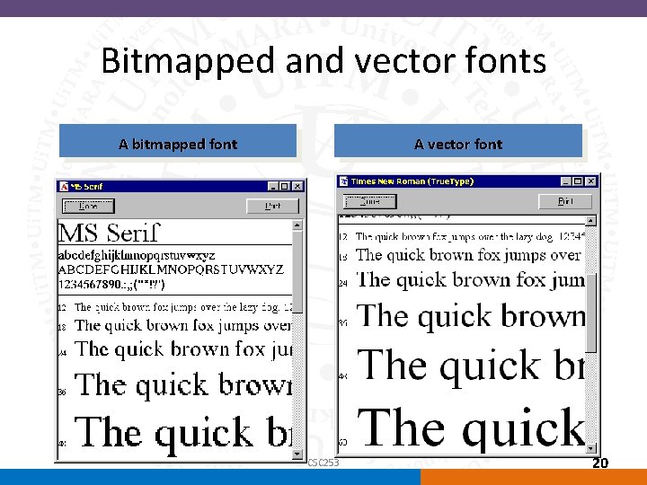 Bitmapped and vector fonts A bitmapped font A vector font CSC 253 20 