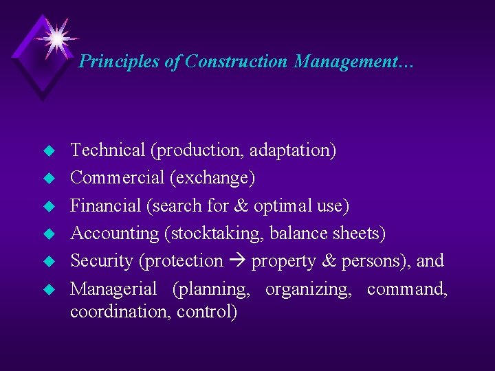 Principles of Construction Management… u u u Technical (production, adaptation) Commercial (exchange) Financial (search