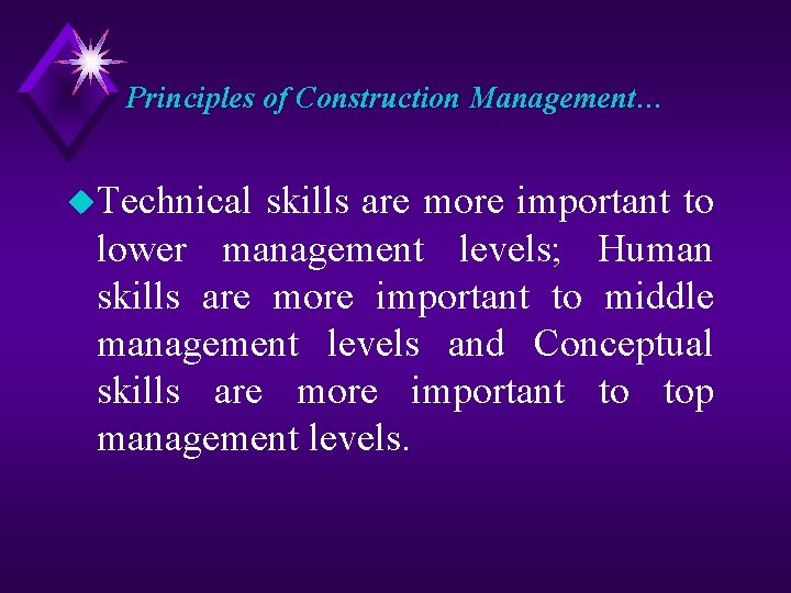 Principles of Construction Management… u. Technical skills are more important to lower management levels;