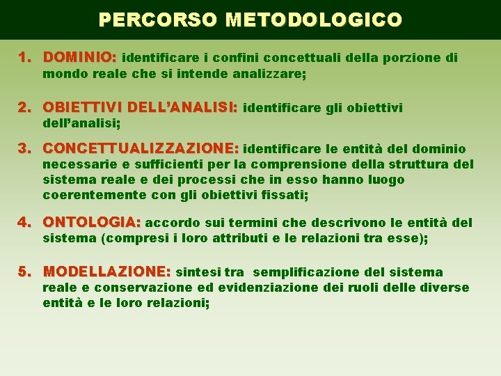 PERCORSO METODOLOGICO 1. DOMINIO: identificare i confini concettuali della porzione di mondo reale che