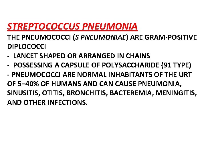 STREPTOCOCCUS PNEUMONIA THE PNEUMOCOCCI (S PNEUMONIAE) ARE GRAM-POSITIVE DIPLOCOCCI - LANCET SHAPED OR ARRANGED