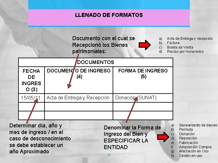 LLENADO DE FORMATOS Documento con el cual se Recepcionó los Bienes patrimoniales: a) b) LLENADO DE FORMATOS Documento con el cual se Recepcionó los Bienes patrimoniales: a) b)