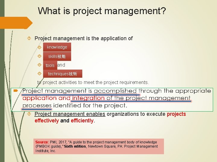 What is project management? Project management is the application of knowledge, skills技能 tools, tools