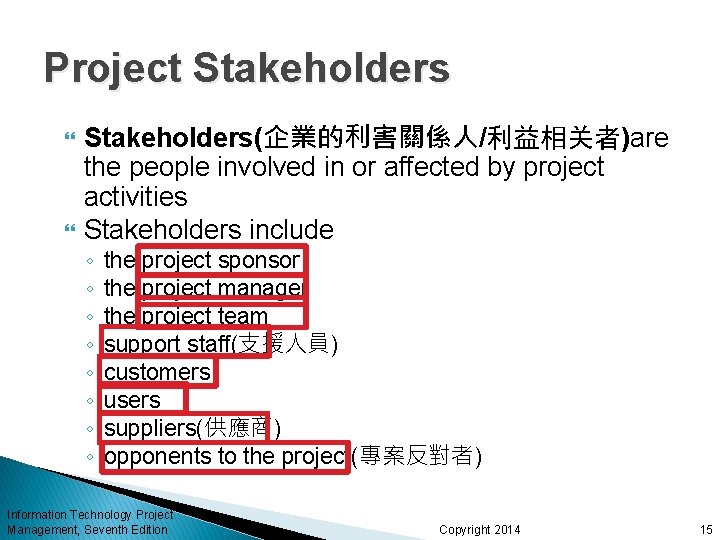 Project Stakeholders(企業的利害關係人/利益相关者)are the people involved in or affected by project activities Stakeholders include ◦