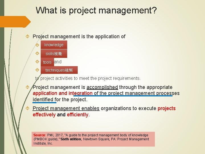 What is project management? Project management is the application of knowledge, skills技能 tools, tools