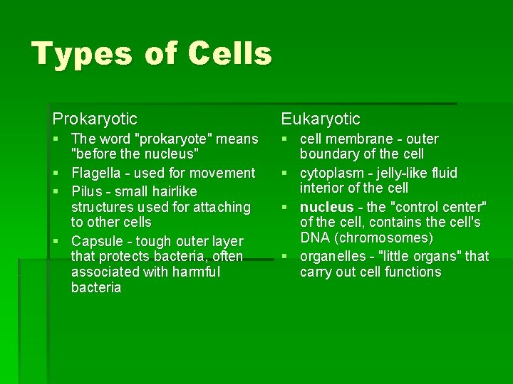Types of Cells Prokaryotic Eukaryotic § The word "prokaryote" means "before the nucleus" §