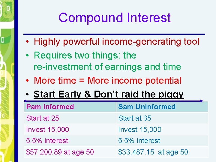 Compound Interest • Highly powerful income-generating tool • Requires two things: the re-investment of