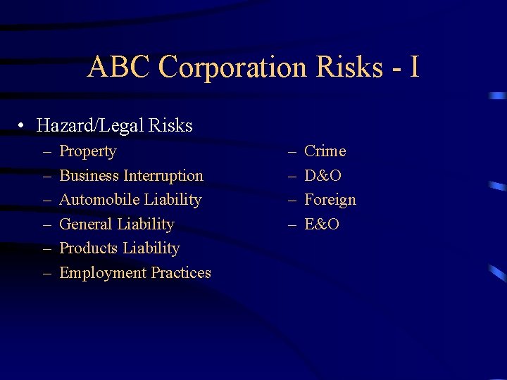 ABC Corporation Risks - I • Hazard/Legal Risks – – – Property Business Interruption ABC Corporation Risks - I • Hazard/Legal Risks – – – Property Business Interruption