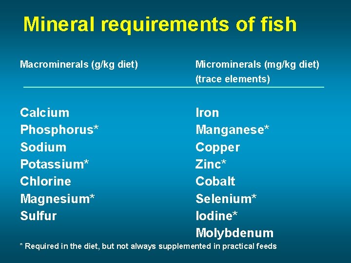 Mineral requirements of fish Macrominerals (g/kg diet) Microminerals (mg/kg diet) (trace elements) Calcium Phosphorus*