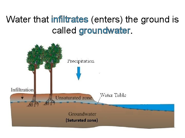 Water that infiltrates (enters) the ground is called groundwater. (Saturated zone) 