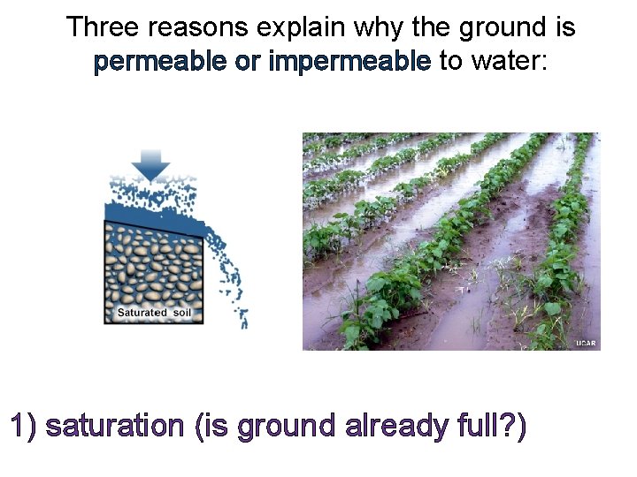 Three reasons explain why the ground is permeable or impermeable to water: 1) saturation