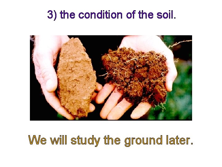 3) the condition of the soil. We will study the ground later. 