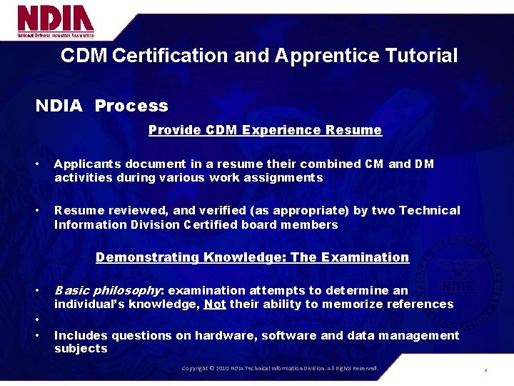 CDM Certification and Apprentice Tutorial NDIA Process Provide CDM Experience Resume • Applicants document