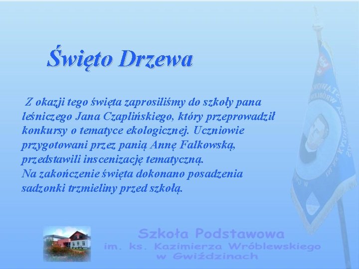 Święto Drzewa Z okazji tego święta zaprosiliśmy do szkoły pana leśniczego Jana Czaplińskiego, który